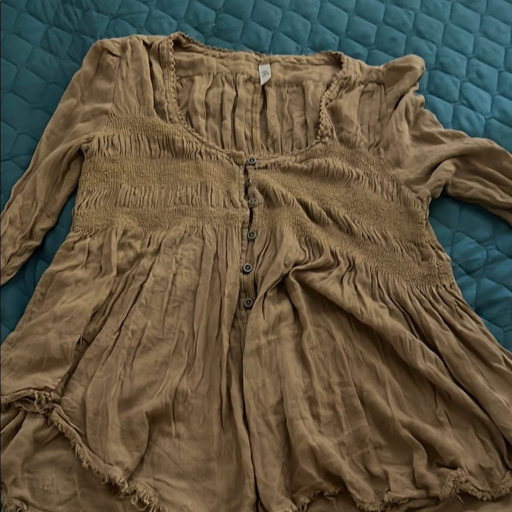 Free People Tan Smocked Blouse